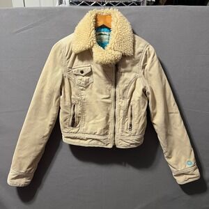 Hollister Women Tan Corduroy Sherpa Collar Cropped Jacket Small Quilted Lining